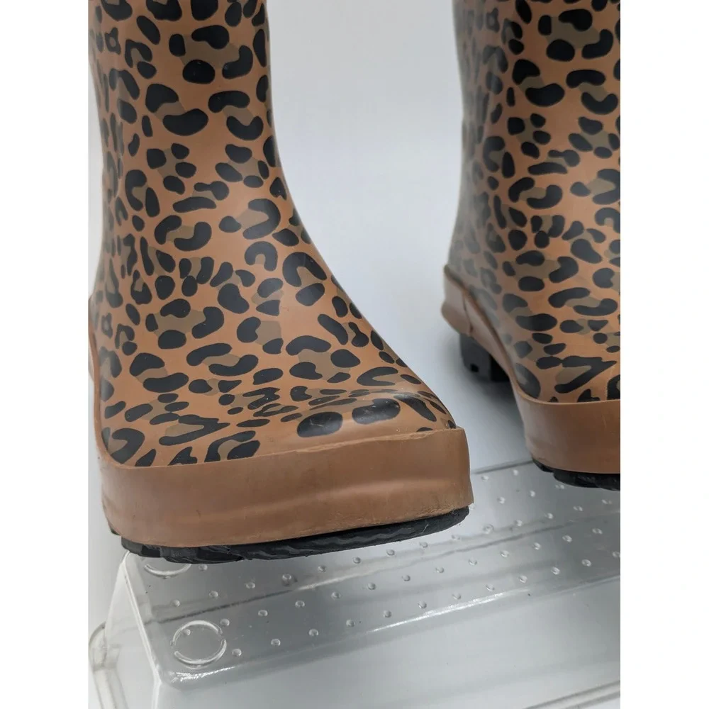 Girls Leopard Print Rain Boots Size 3 Brown Pink Waterproof Mid Calf Boots